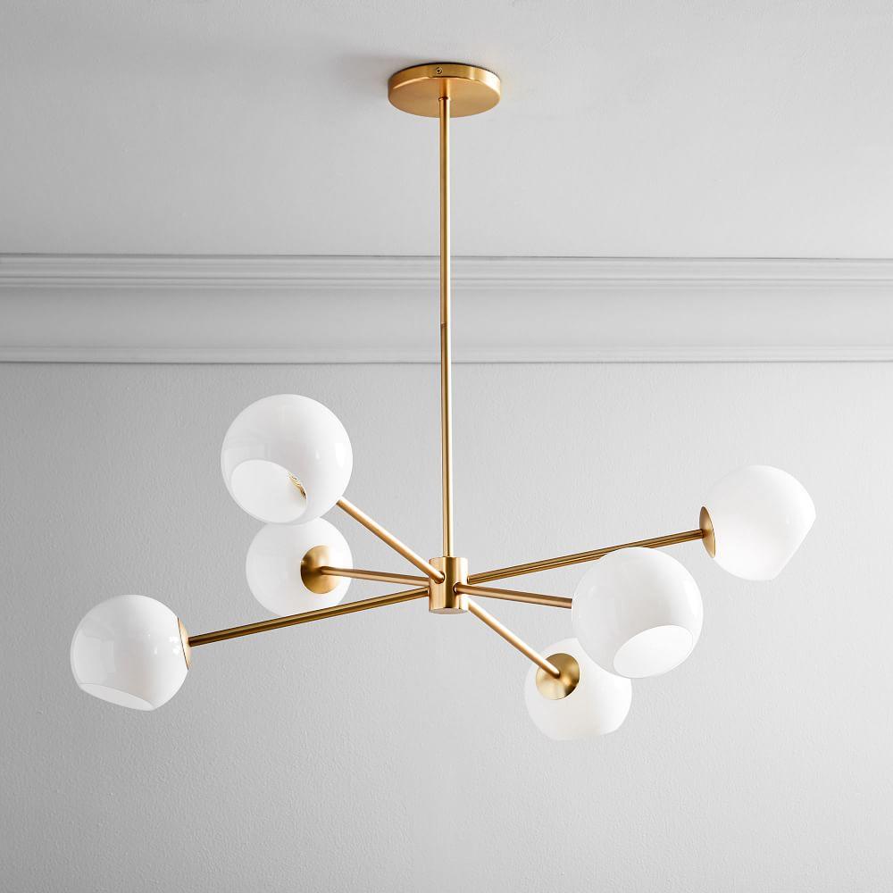 Modern Brass Chandelier Lighting Fixture, 6 White Glass Modern Brass Chandelier Lighting Fixture, 6 White Glass